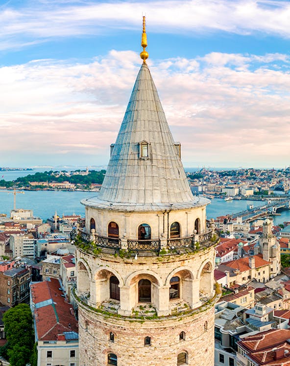 Galata Tower in Istanbul with cityscape view.
