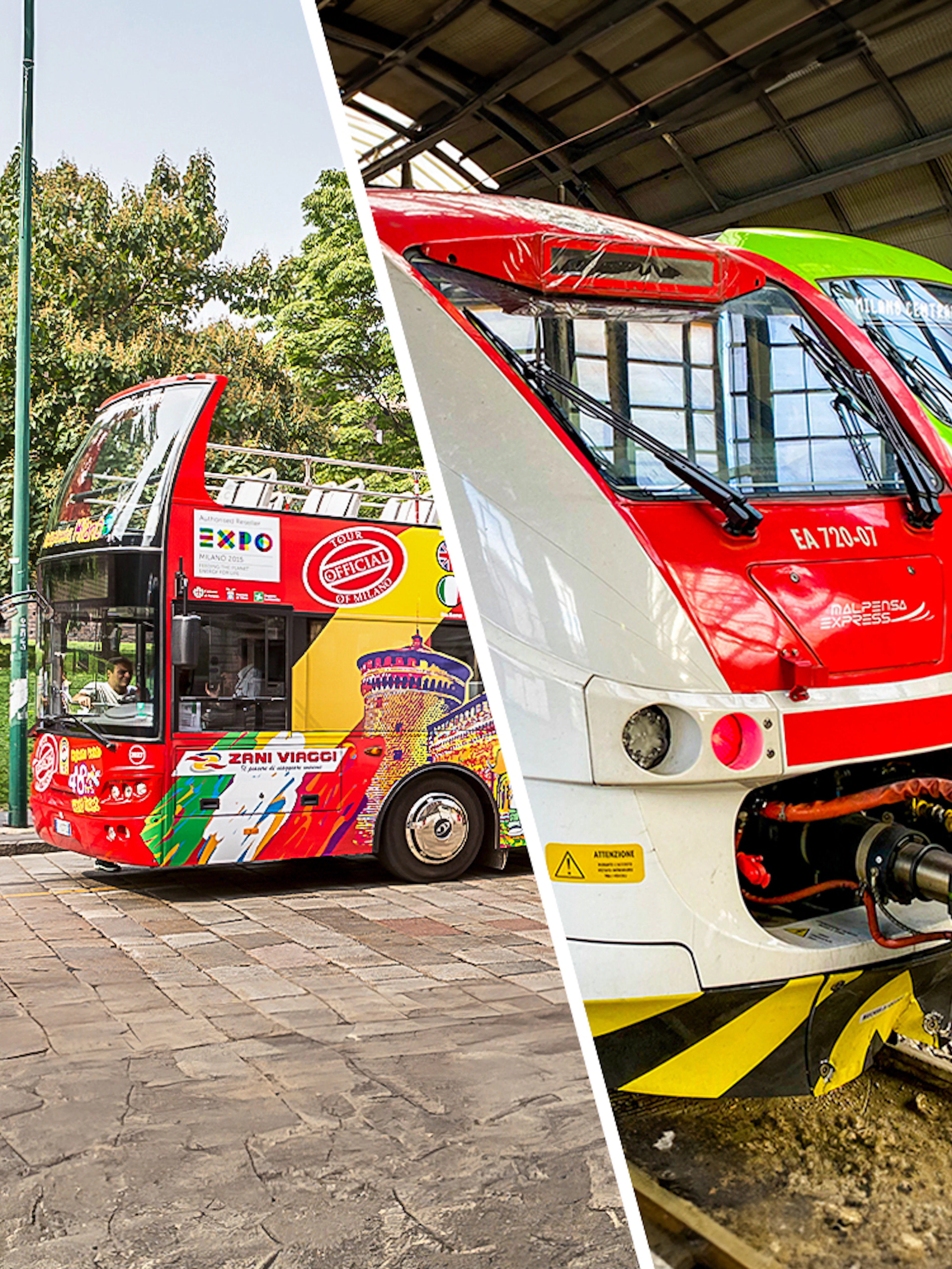 Malpensa Express train and Milan hop-on hop-off bus in city setting.