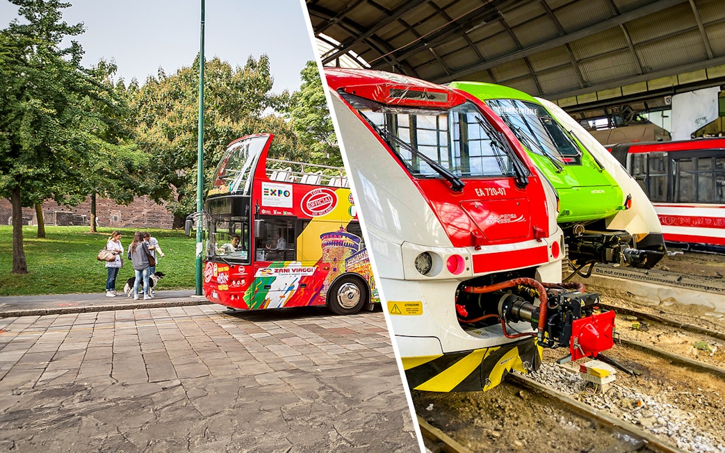 Malpensa Express train and Milan hop-on hop-off bus in city setting.