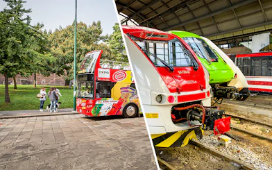 Malpensa Express train and Milan hop-on hop-off bus in city setting.