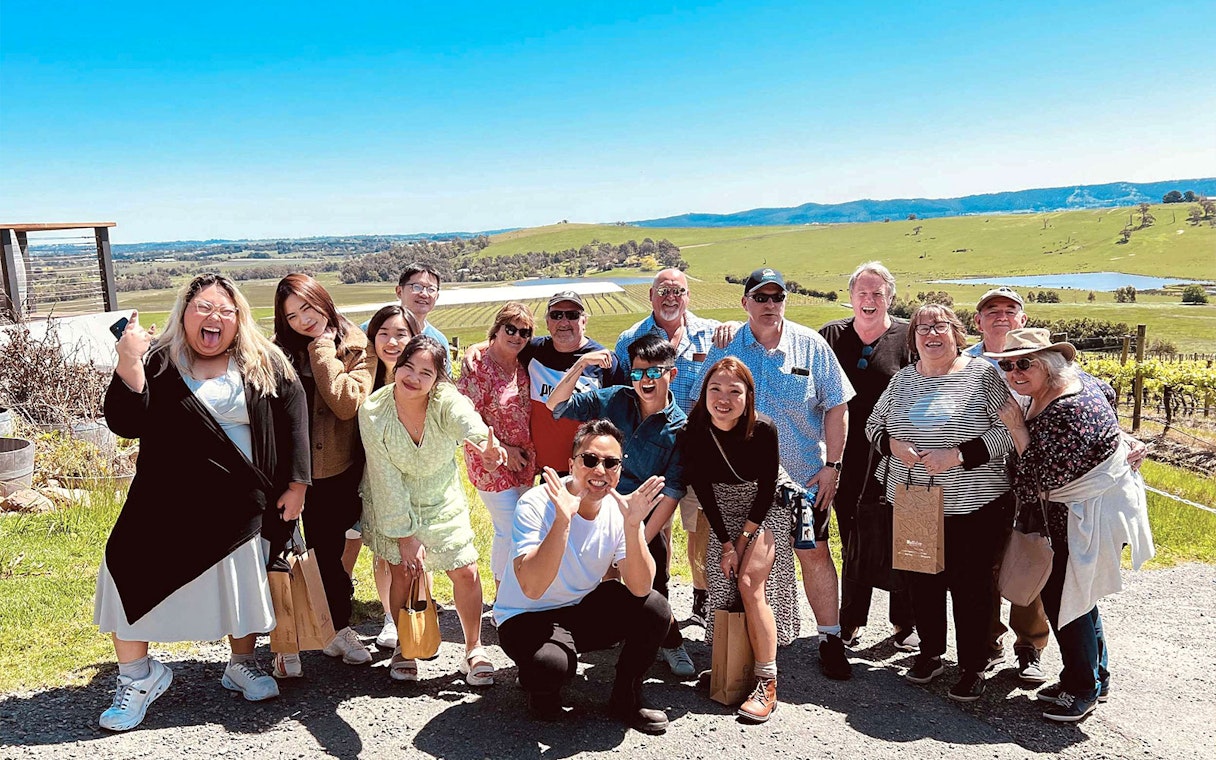 Group enjoying Yarra Valley wine tour with vineyard view.