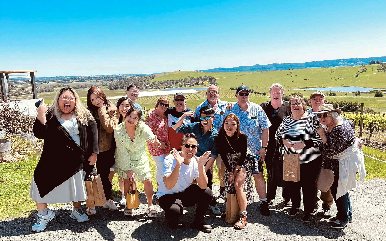 Group enjoying Yarra Valley wine tour with vineyard view.