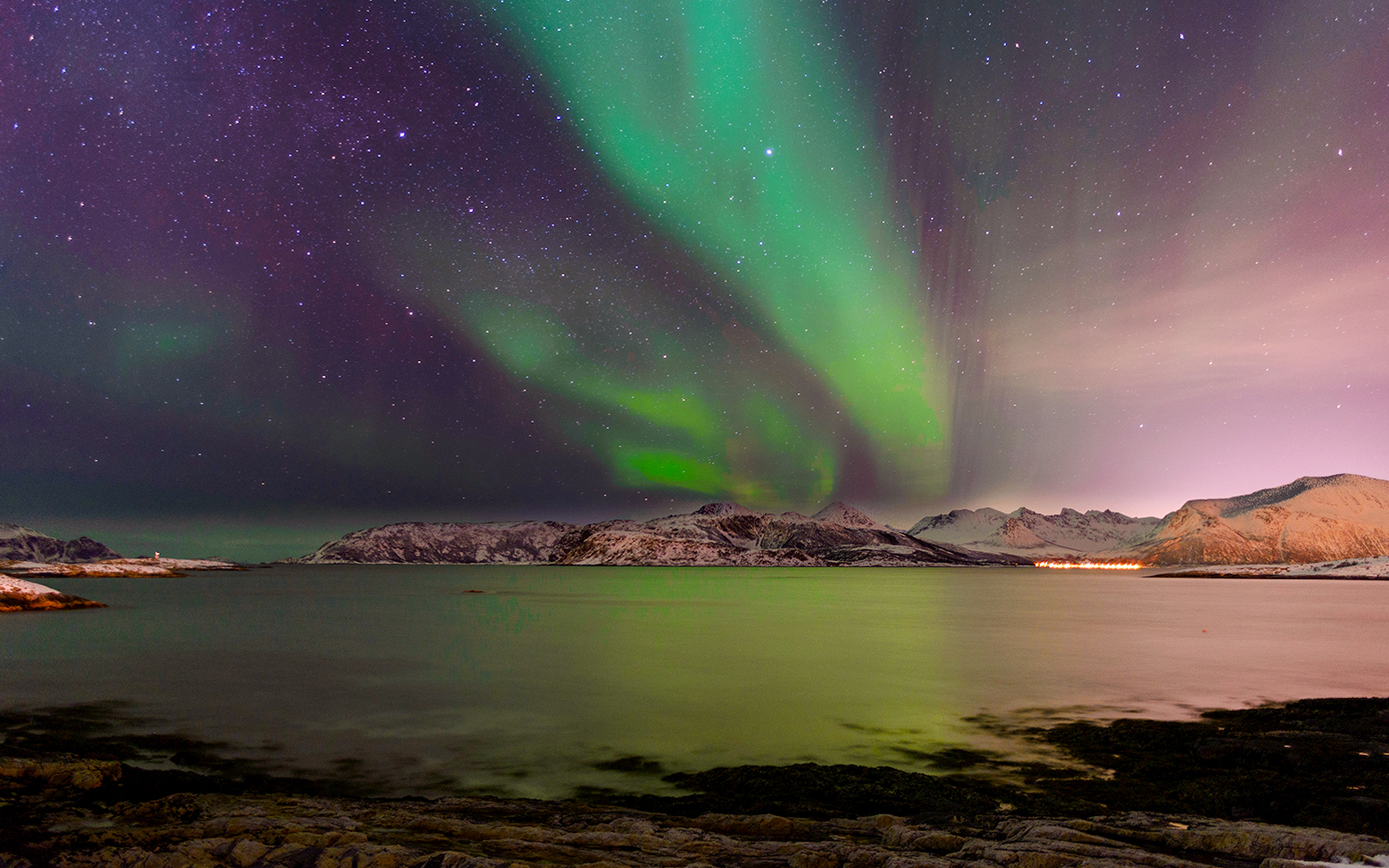 Sommarøy Lake under northern lights, Tromsø, Norway.