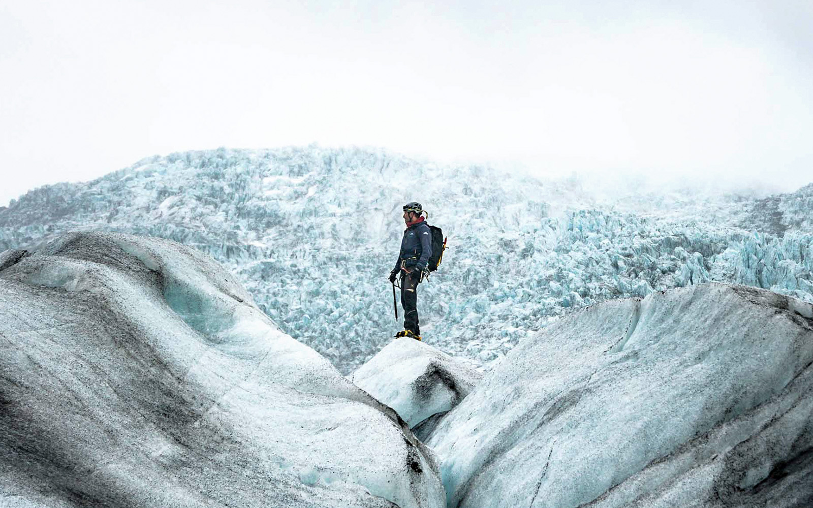 Person on Vatnajökull glacier during advanced expedition in Iceland.