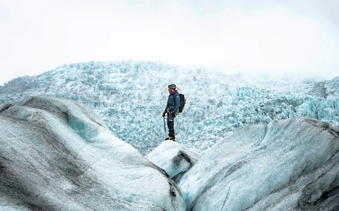 Person on Vatnajökull glacier during advanced expedition in Iceland.
