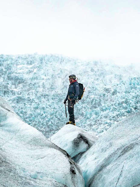 Person on Vatnajökull glacier during advanced expedition in Iceland.