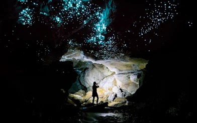 Glowworms illuminating Waitomo Caves with a silhouetted person on a guided tour.