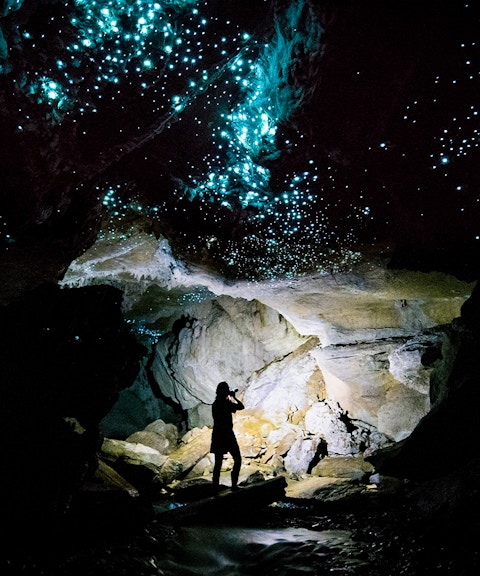 Glowworms illuminating Waitomo Caves with a silhouetted person on a guided tour.