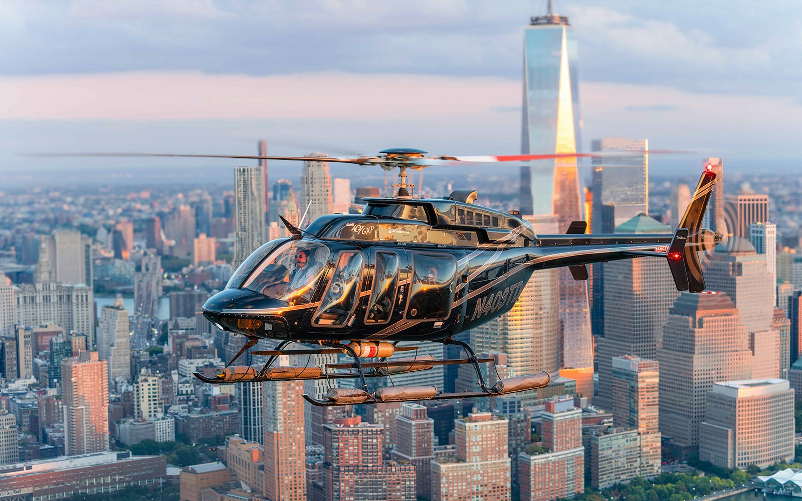 Helicopter flying over New York City skyline during 20-minute tour.