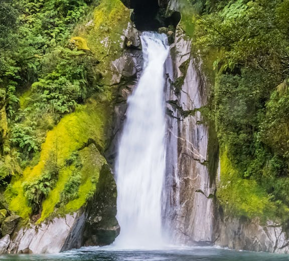 Waterfall cascading over rocks surrounded by lush greenery at Giant Gate Falls.