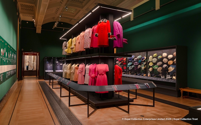 Fashion display at 'Her Life in Style' exhibit, The King's Gallery, Buckingham Palace.
