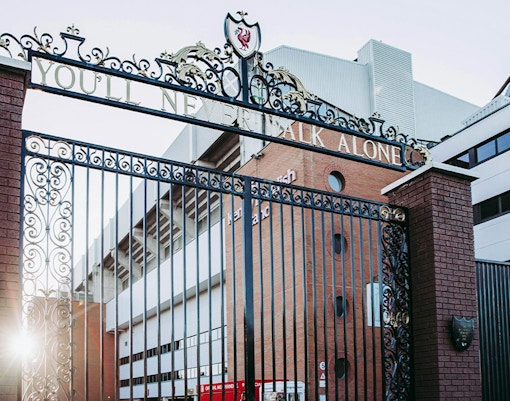 Shankly Gates at Anfield Stadium entrance in Liverpool, England.