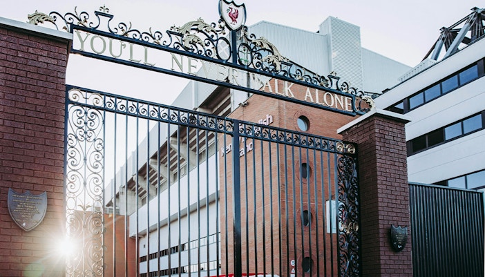 Shankly Gates at Anfield Stadium entrance in Liverpool, England.