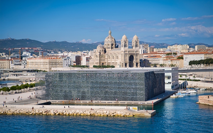 Mucem museum and Marseille Cathedral with cityscape in Marseille, France.