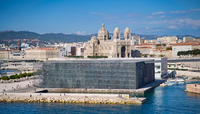 Mucem museum and Marseille Cathedral with cityscape in Marseille, France.