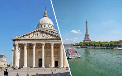 Pantheon in Paris and Seine River cruise near Eiffel Tower.