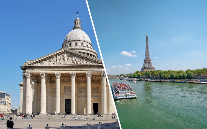 Pantheon in Paris and Seine River cruise near Eiffel Tower.