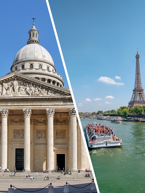 Pantheon in Paris and Seine River cruise near Eiffel Tower.