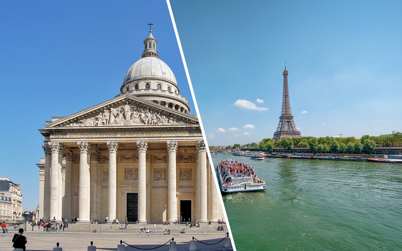 Pantheon in Paris and Seine River cruise near Eiffel Tower.