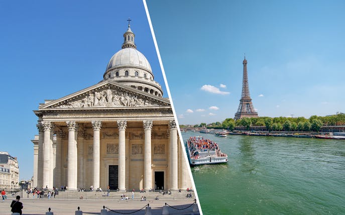 Pantheon in Paris and Seine River cruise near Eiffel Tower.