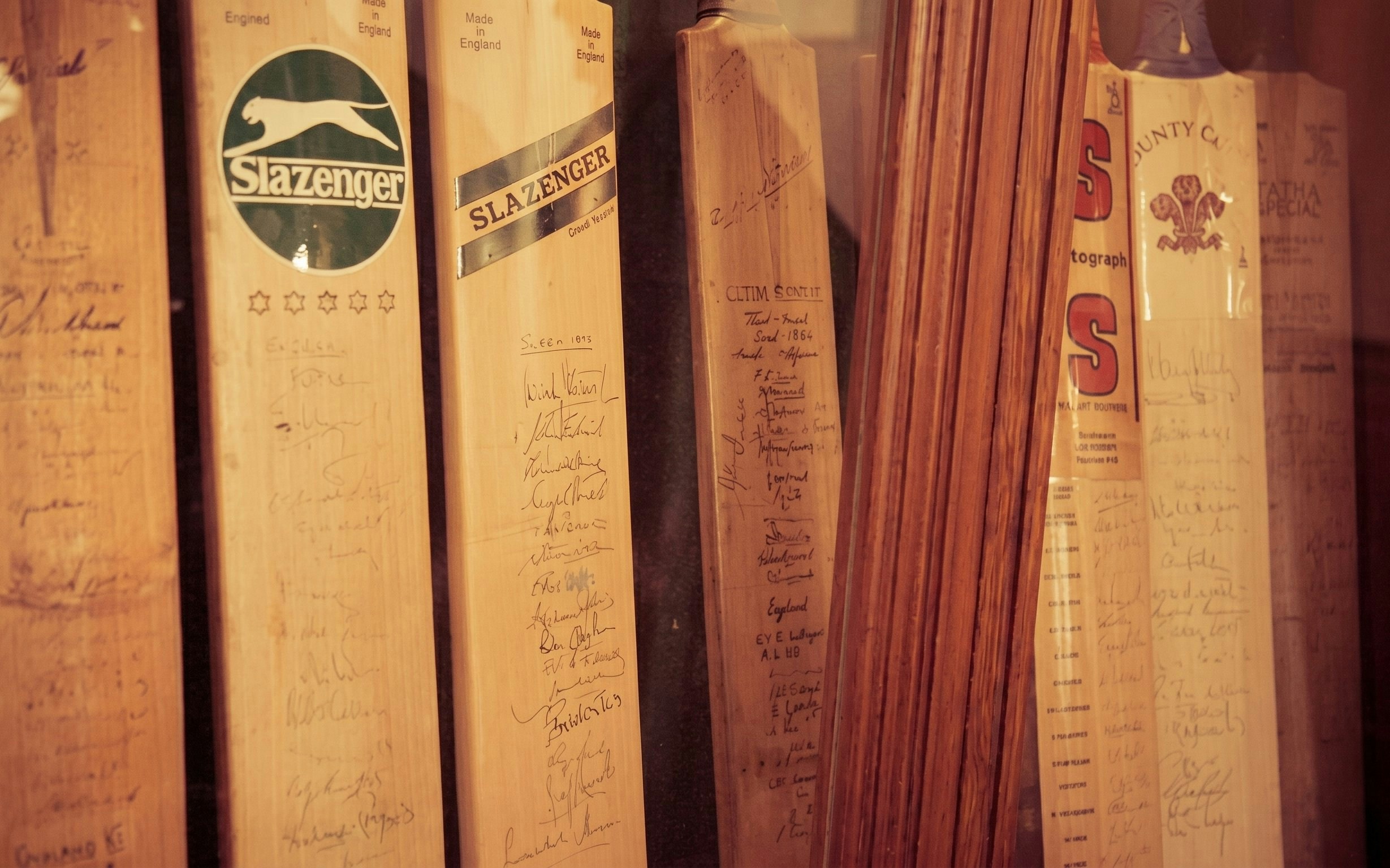 Signed cricket bats displayed at Kia Oval Stadium.