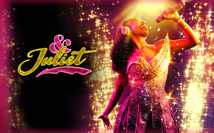 Performer singing on stage with "& Juliet" logo in sparkling lights.