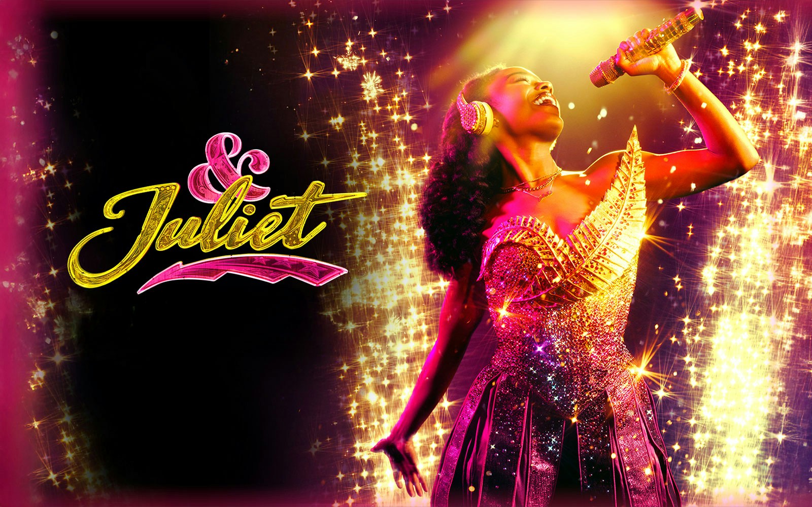 Performer singing on stage with "& Juliet" logo in sparkling lights.