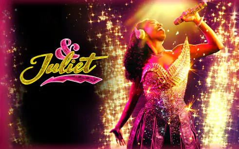 Performer singing on stage with "& Juliet" logo in sparkling lights.