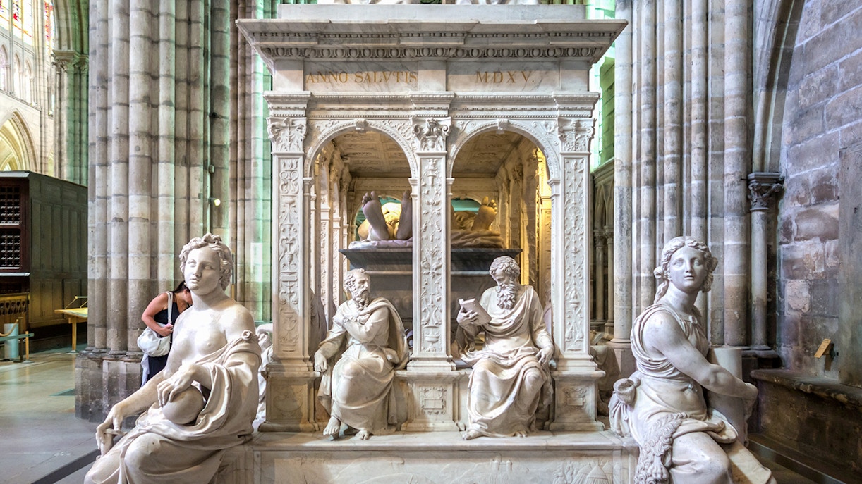 Saint-Denis Basilica exterior with intricate Gothic architecture, Paris, France.