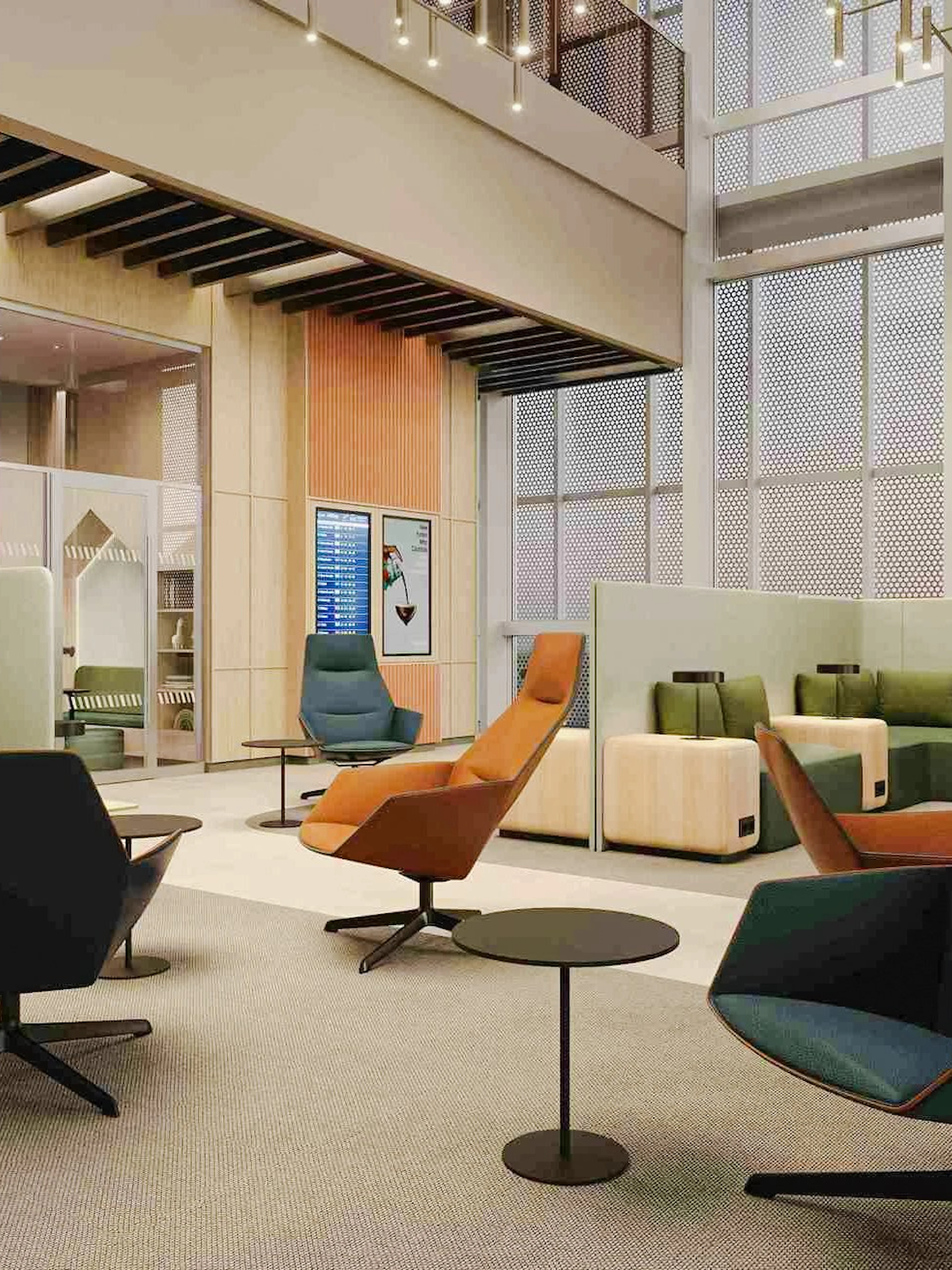 Munich Airport Lounge World seating area with modern chairs and tables, Non-Schengen, T1.