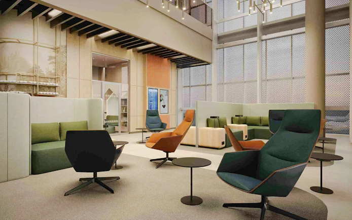Munich Airport Lounge World seating area with modern chairs and tables, Non-Schengen, T1.
