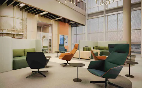 Munich Airport Lounge World seating area with modern chairs and tables, Non-Schengen, T1.