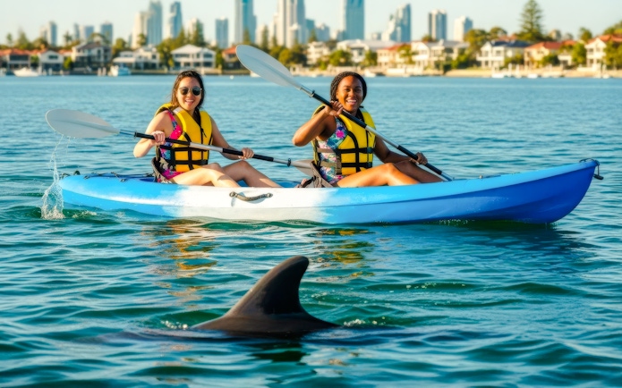Couple kayaking with guide in Broadwater, Gold Coast, dolphin fin visible in water.