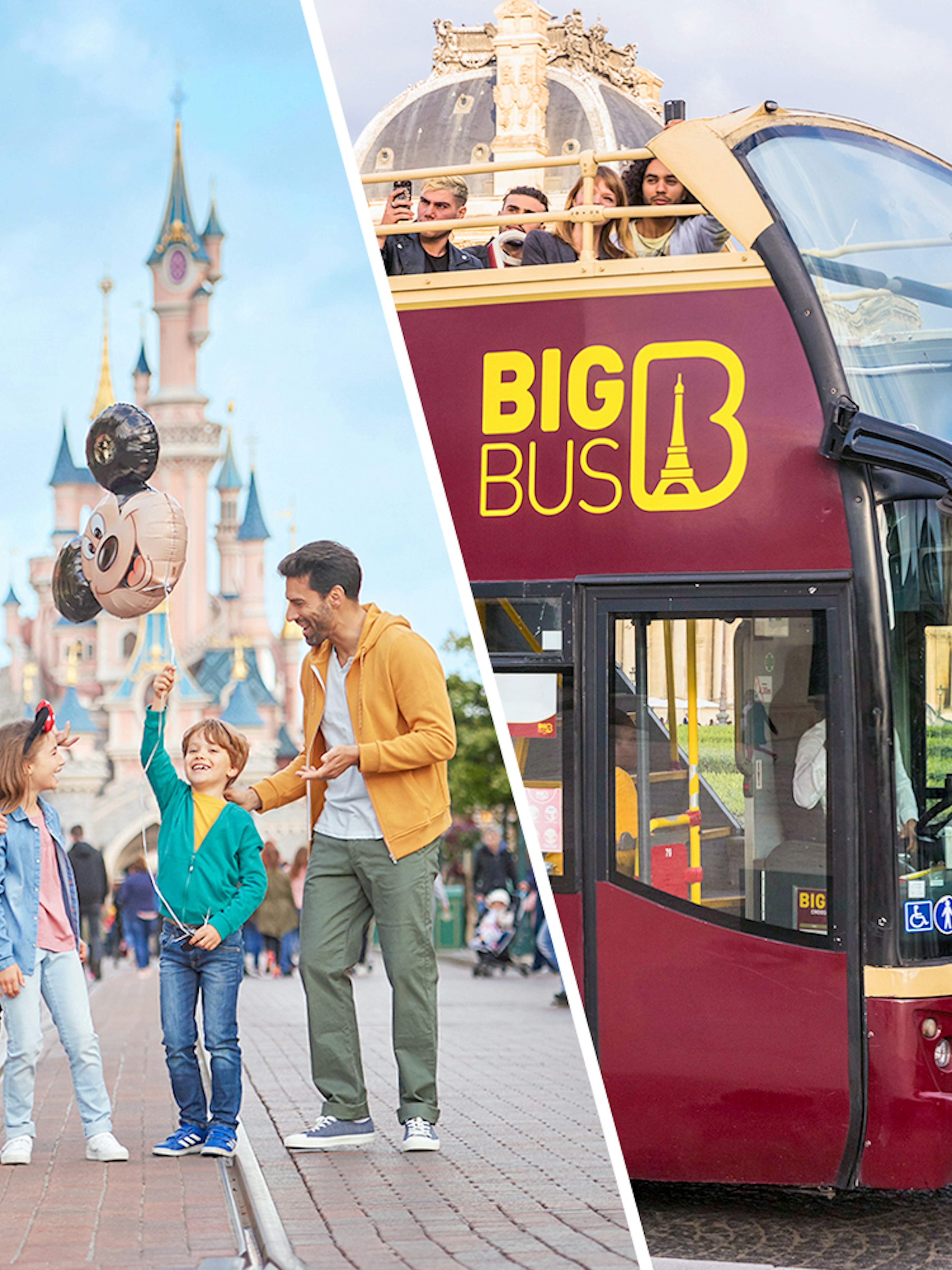 Family enjoying Disneyland Paris with Mickey balloons; Big Bus tour nearby.
