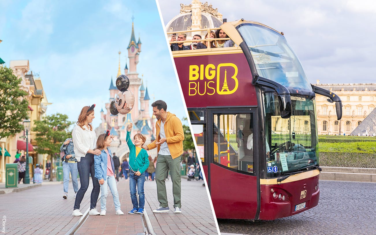 Family enjoying Disneyland Paris with Mickey balloons; Big Bus tour nearby.