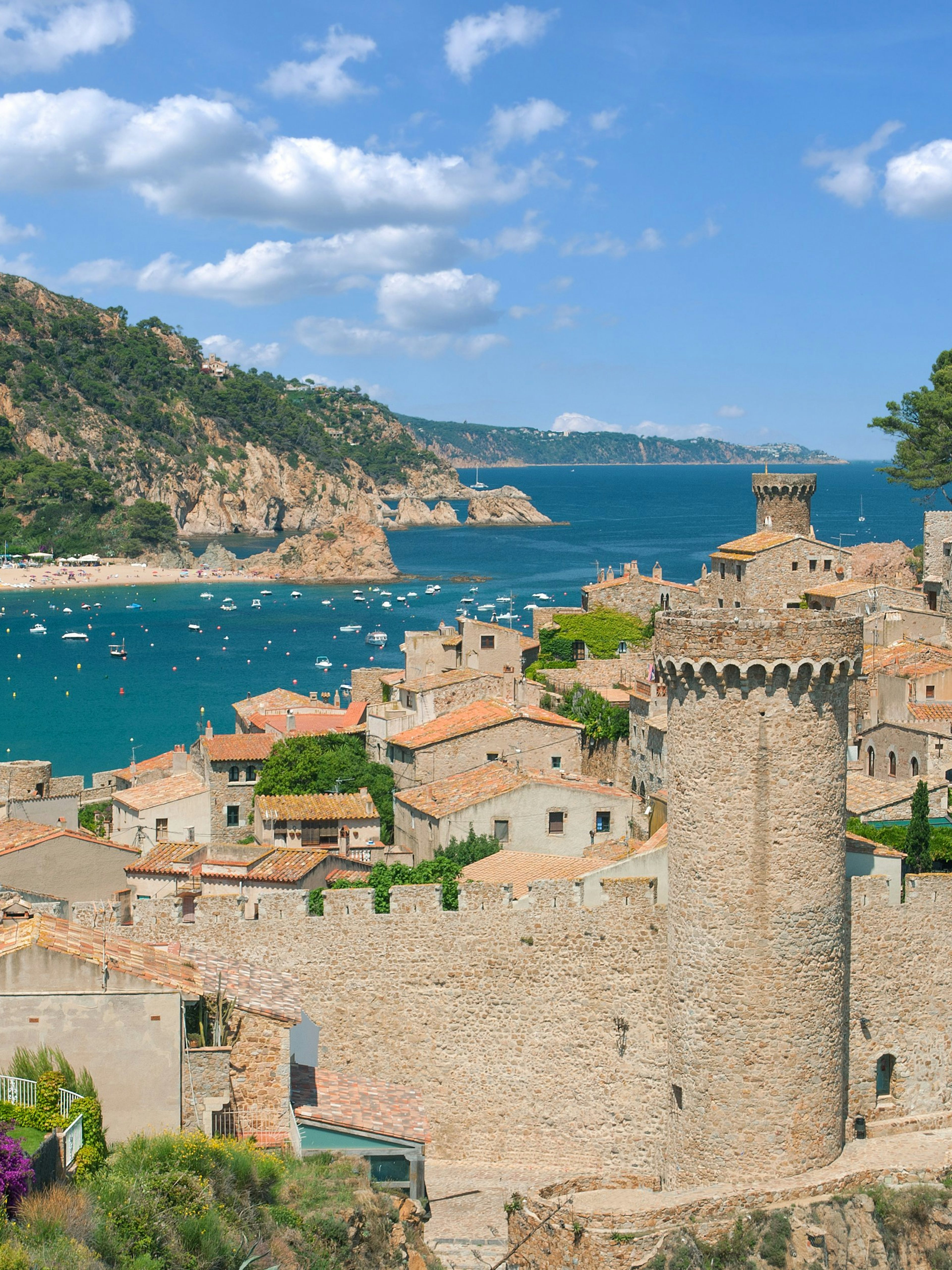 Tossa de Mar seaside resort town with medieval castle walls on Costa Brava, Catalonia, Spain.