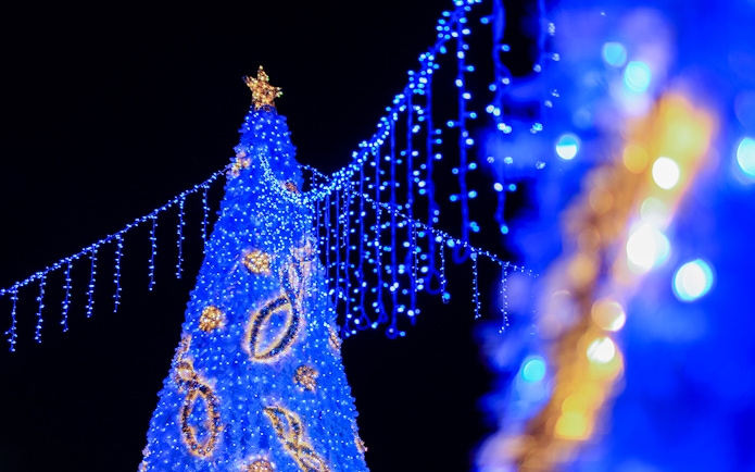 Blue Christmas lights display during Singapore Night Tour.