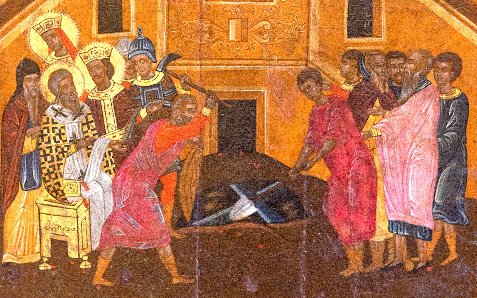 Frescoes depicting religious scenes inside Meteora monastery, Greece.