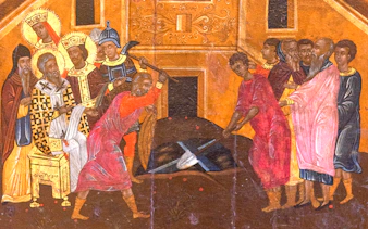 Frescoes depicting religious scenes inside Meteora monastery, Greece.