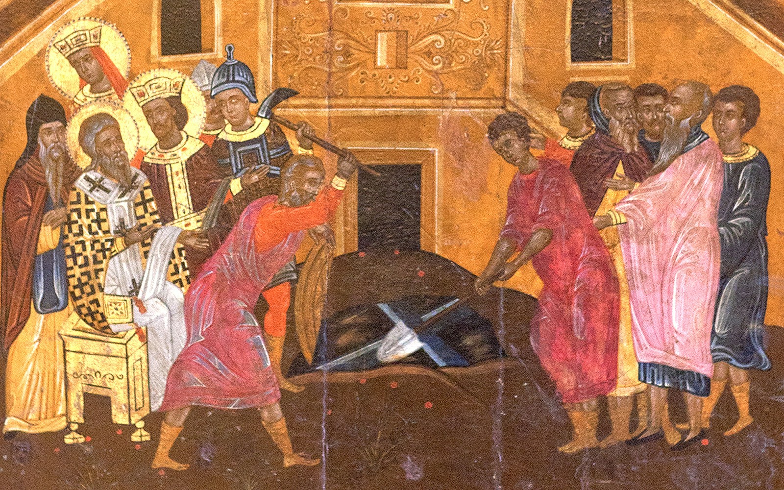 Frescoes depicting religious scenes inside Meteora monastery, Greece.