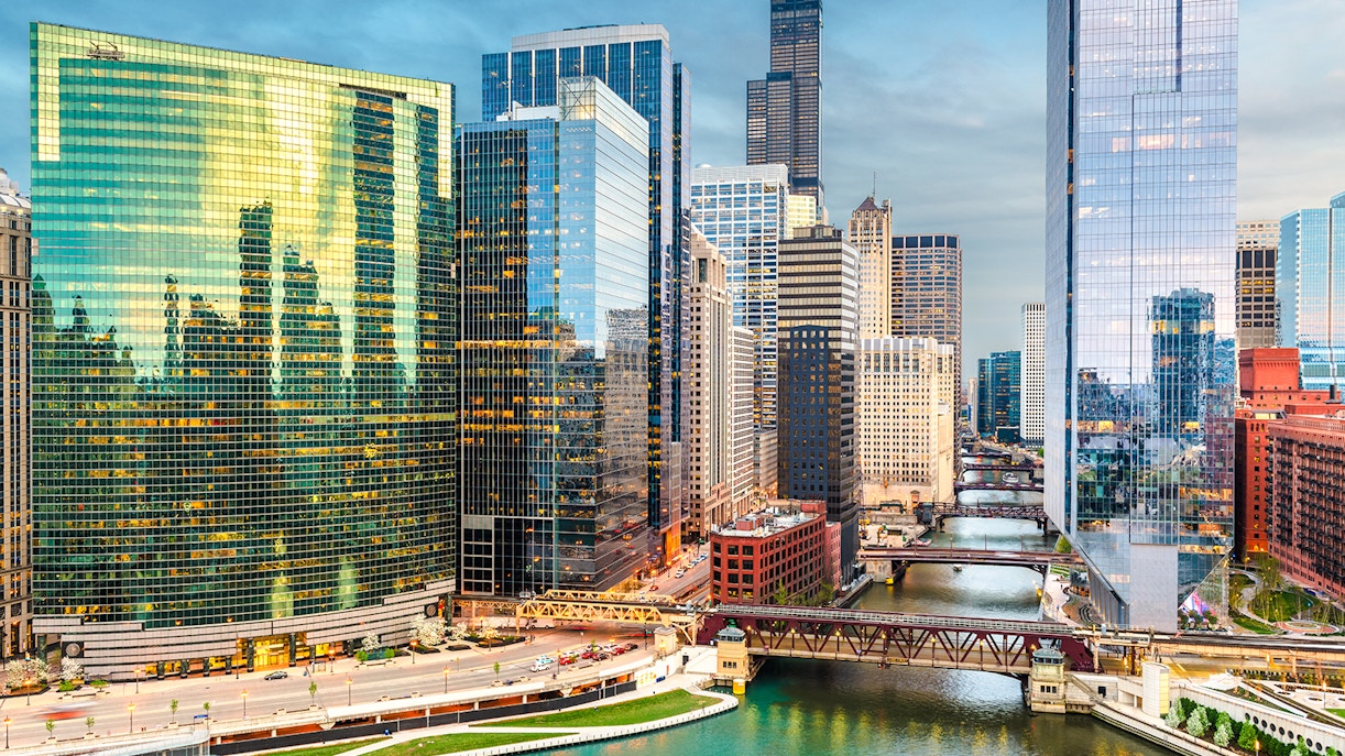 Chicago skyline with skyscrapers and river view, Illinois, USA.