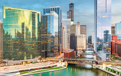 Chicago skyline with skyscrapers and river view, Illinois, USA.