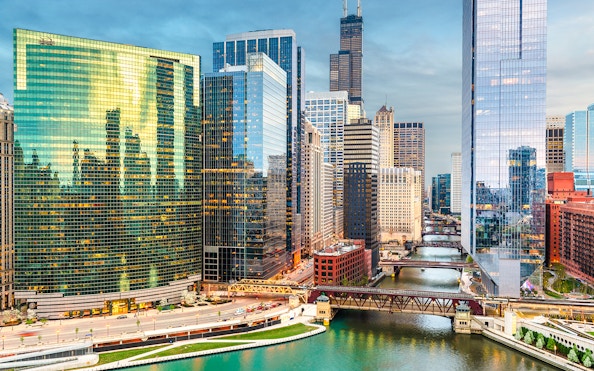 Chicago skyline with skyscrapers and river view, Illinois, USA.