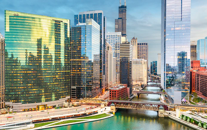 Chicago skyline with skyscrapers and river view, Illinois, USA.