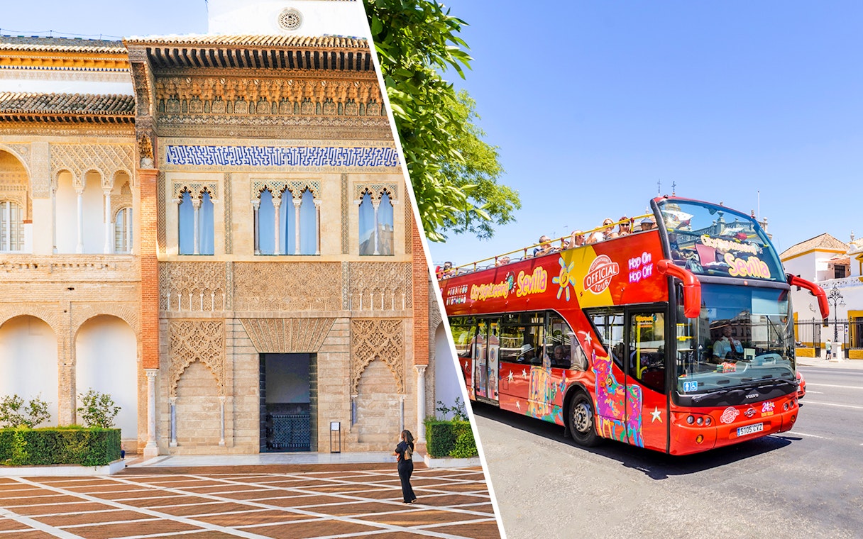 Alcazar of Seville facade and Seville hop-on hop-off bus.