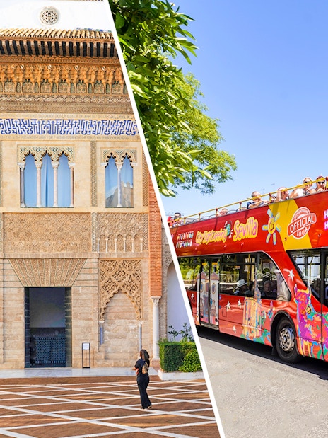 Alcazar of Seville facade and Seville hop-on hop-off bus.