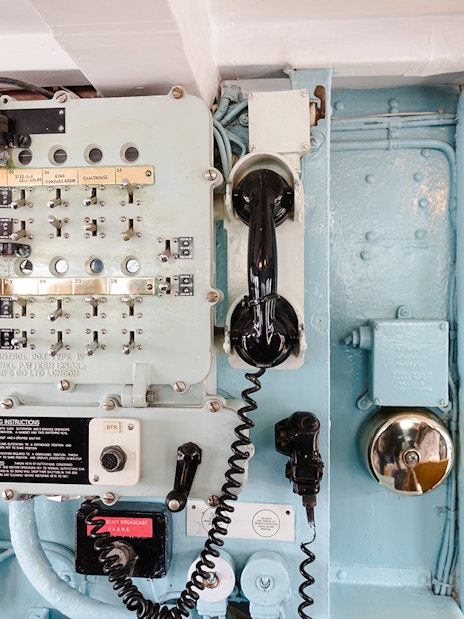 Control panel with telephones on the Royal Yacht Britannia.