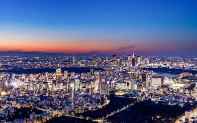 Tokyo skyline at sunset from Roppongi Hills Observation Deck.