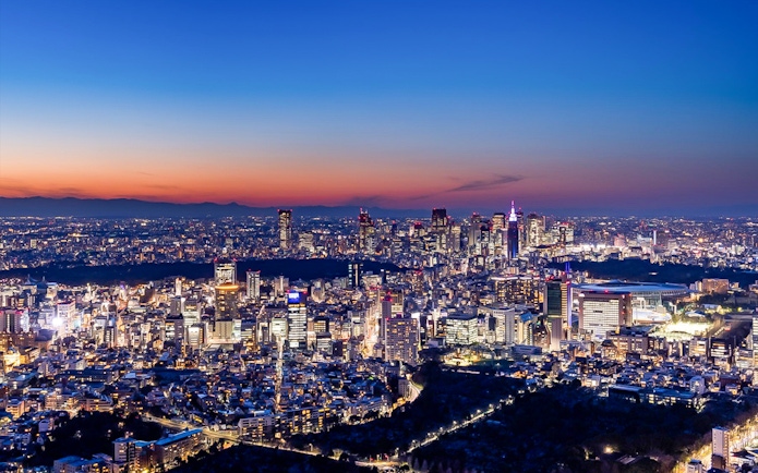 Tokyo skyline at sunset from Roppongi Hills Observation Deck.