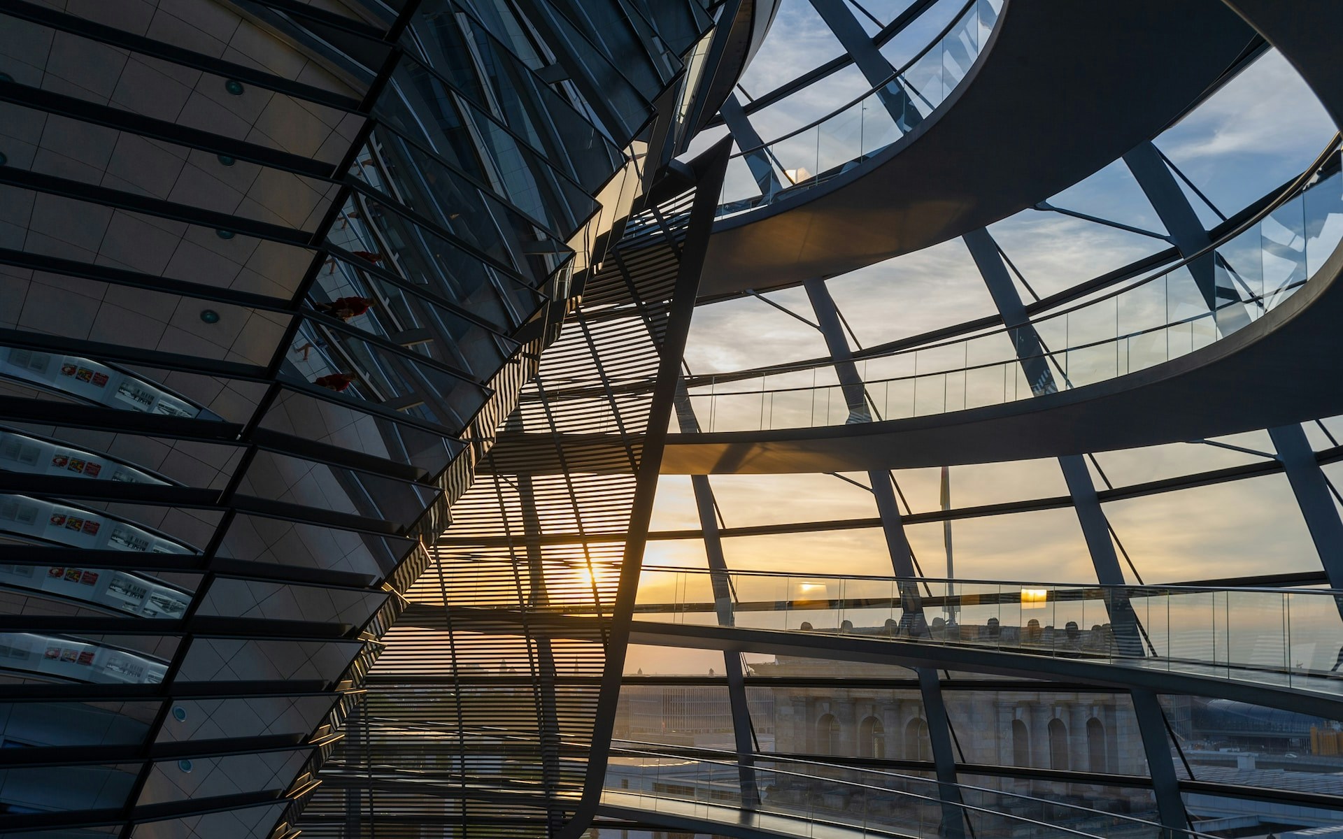 Reichstag dome interior with sunset view in Berlin, Germany.